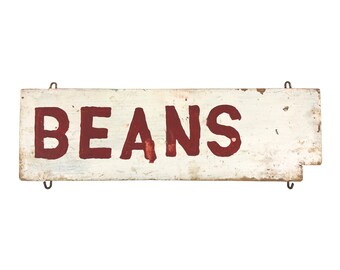 Vintage 1950s 18" x 5.5" Hand-Painted White + Red BEANS Double-Sided Wood Amish Farm Produce Stand Sign