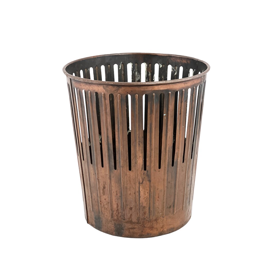 Antique 1910s Industrial Flashed Japanned Copper Trash Can Wastebasket