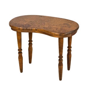 Vintage 1940s Kidney Shaped Birds Eye Maple Vanity Bench Stool w/ Turned Wood Legs