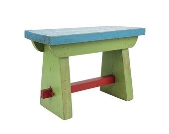 Vintage 1960s Painted Blue Green Red Wood Wedged Mortise & Tenon Joint Farm Bench Stool