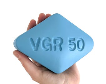 Vintage 1990s Oversized 5.5&quot; Giant Plaster Blue Viagra Pill Novelty Advertising Paperweight Pop Art Gag Gift