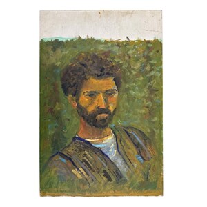 May include: An oil painting on canvas depicting a portrait of a person with dark curly hair and a beard. The subject wears a brown textured garment over a white shirt. The background consists of thick, expressive green brushstrokes of foliage.