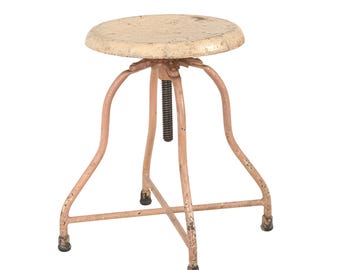 Vintage 1940s Industrial Medical Stool Adjustable Steel Swivel Seat w/ Faded Two-Tone Pink Paint