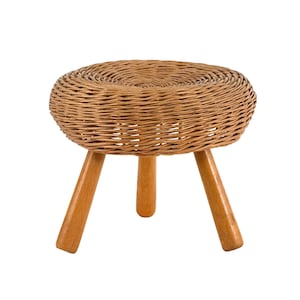 Vintage 1960s Wicker & Wood Tony Paul Style Tripod Foot Stool Ottoman Plant Stand