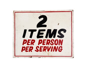 Vintage 1960s 14" x 11" Hand-Painted Amusement Park Food Area "2 Items Per Person Per Serving" Wood Sign