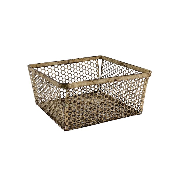 Vintage 1940s Industrial Cream Perforated Metal Basket Bin