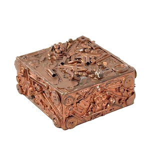 Vintage 1950s Memory Ware Cigar Box Copper Painted Finish Folk Art Tramp Art Keepsake Treasure Box