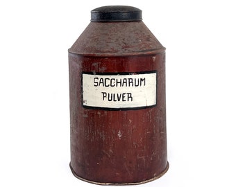 Antique 1850s Large Dutch Apothecary "Saccharum Pulver" Sugar Cane Powder Medicinal Herb Metal Canister