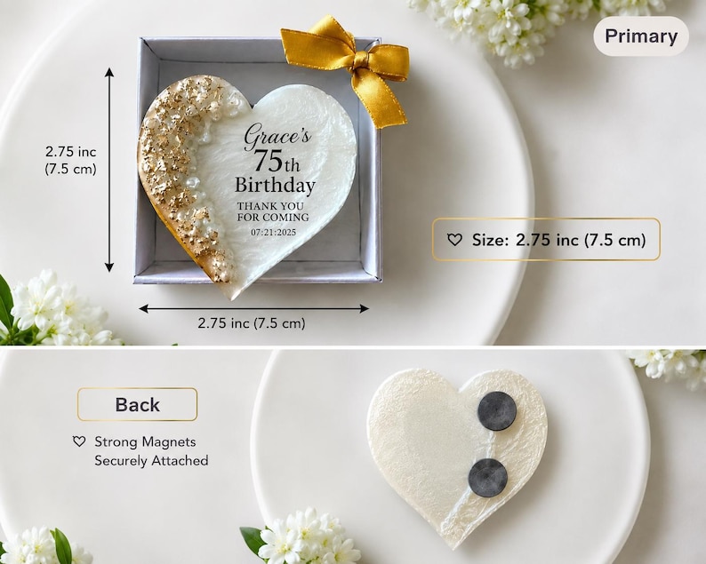 Custom Heart Magnet Favor, Adult Birthday Gift for Guests, 50th 60th 70th 75th 80th 90th Milestone Party Favors, Personalized Epoxy Keepsake image 2