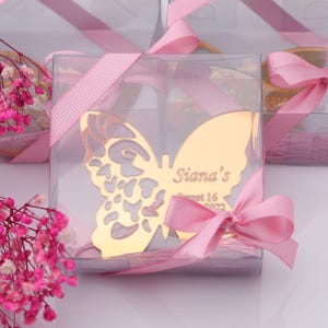 10 PCS Sweet 16 & Mis Quince 15 Butterfly Favors, Personalized Gold Mirror Magnet, Quinceañera Gifts for Guests, Custom Boxed Party Keepsake