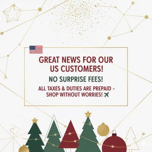 Pode incluir: Um gr&aacute;fico festivo com o texto "GREAT NEWS FOR OUR US CUSTOMERS! NO SURPRISE FEES! ALL TAXES & DUTIES ARE PREPAID - SHOP WITHOUT WORRIES!". A imagem inclui &aacute;rvores de Natal, ornamentos e um design de constela&ccedil;&atilde;o.
