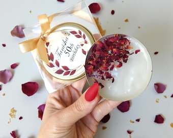 Adult Birthday Candle Favors for Guests, Personalized Gold Tin Candle with Rose Petals,Custom 30th 40th 50th 60th Birthday Gift, Bulk Favors