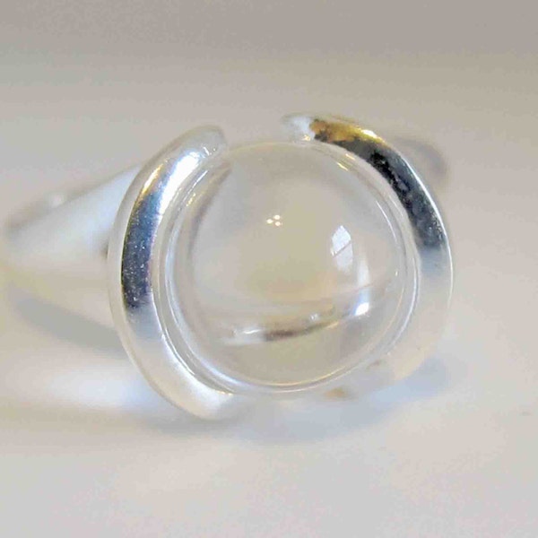 Art Deco Style Sterling Silver Pools of Light Rock Crystal Quartz Orb Ring