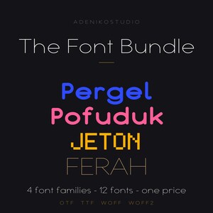 Pode incluir: Uma exibição gráfica digital num fundo preto com o texto ADENIKOSTUDIO e The Font Bundle. Abaixo, quatro nomes de fontes em diferentes cores e estilos: Pergel em azul, Pofuduk em rosa, JETON em amarelo e FERAH em branco fino.
