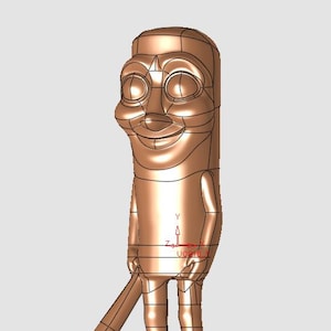 Puede incluir: Modelo 3D de un personaje de dibujos animados con una cara sonriente, ojos grandes y un cuerpo cilíndrico. El personaje sostiene un objeto largo y redondeado, posiblemente un bate o un garrote. El modelo está renderizado en color bronce.
