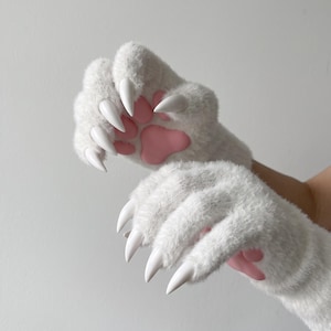 Paw Gloves, Cat Paw Gloves, Furry Fingerless Mittens With Pink Pads And White Claws, Kawaii Cosplay Costume Accessory