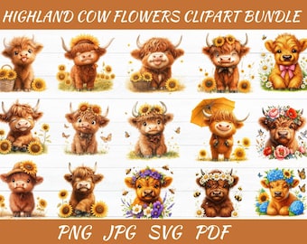 Highland Cow zonnebloemen aquarel clipart: baby koe SVG (commercieel gebruik)