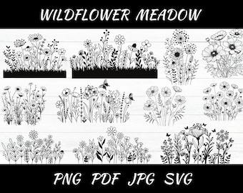 May include: Black and white line art illustrations of various wildflower meadows. The illustrations feature different types of flowers, leaves, and butterflies. The text "WILD FLOWER MEADOW" is at the top of the image. The text "PNG PDF JPG SVG" is at the bottom of the image.