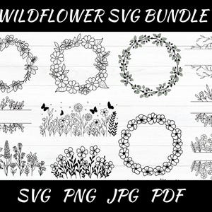 Wildflower SVG Bundle for Cricut, Floral Botanical  Monogram Frames PNG JPG, Daisies, Tulips, Roses, Spring Flower Border Cut File