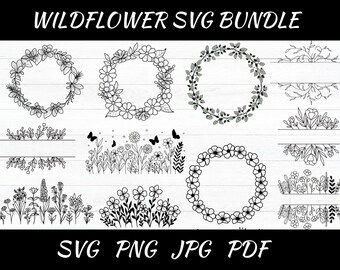 Pacote SVG de flores silvestres: molduras de monogramas florais, borda de flores da primavera (download digital)