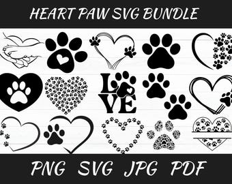 Pacchetto SVG con impronta di zampa a forma di cuore: file di taglio della zampa di cane (download digitale)