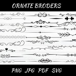 May include: A set of 16 ornate black and white border designs. The designs are a mix of floral, geometric, and abstract patterns. The text "ORNATE BRODERS" is at the top of the image. The text "PNG JPG PDF SVG" is at the bottom of the image.