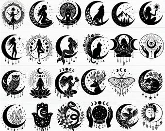 May include: A collection of black and white celestial-themed SVG designs. The designs include crescent moons, silhouettes of women, animals, and mystical symbols. The text "CELESTIAL SVG BUNDLE" is at the top, with file type options at the bottom.