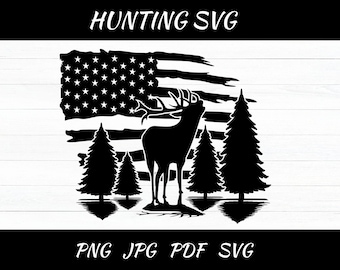 Hirschjagd SVG: Beunruhigte amerikanische Flagge, Waldszene (Digitaler Download)