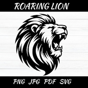 ライオン SVG および PNG、吠えるライオンのクリップアート、ライオンの顔のベクター画像、ライオンのシルエット、ライオンの頭 SVG、昇華デザイン、動物カット ファイル