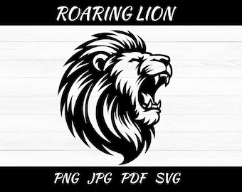 May include: Black and white illustration of a roaring lion's head with a detailed mane. The lion is facing right and has its mouth open wide.