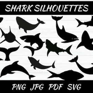 Shark Silhouettes - SVG, PNG, JPG - Commercial Use, Digital Cut Files, Shark Cut File, Shark Clipart, Digital Download, Instant Download