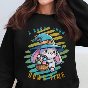Impression d&#39;art numérique lapin mignon, Illustration de lapin de Pâques, lapin chapeau de sorcière, panier d&#39;oeufs de Pâques, décoration murale lapin kawaii