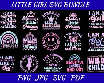 May include: A collection of SVG designs with phrases like "I am confident" and "Future Boss Babe" in pink, purple, and white. The designs include crowns, rainbows, and a smiley face, all on a black background. The text "LITTLE GIRL SVG BUNDLE" is at the top.