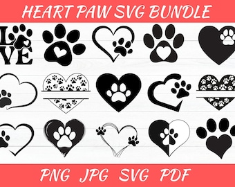 Pacchetto SVG con impronta di zampa di cane a forma di cuore: file di taglio per Cricut (download digitale)