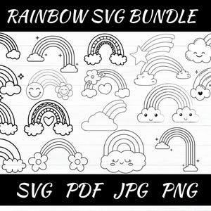 May include: A set of 18 black and white rainbow SVG cut files. The rainbows are in various styles, including some with clouds, hearts, and stars. The text "RAINBOW SVG BUNDLE" is at the top of the image. The text "SVG PDF JPG PNG" is at the bottom of the image.