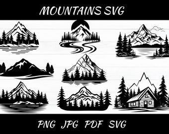 Montañas SVG, Archivo para Cricut, Silhouette, Archivos de corte, Paisaje forestal SVG - Clipart de montaña - Pino SVG PNG, Archivos SVG