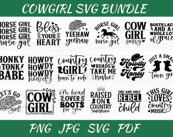 Cowgirl SVG-bundel: laarzen, hoed, quotes - westerse afbeeldingen (digitale download)