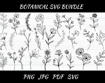 Paquete SVG botánico: Clipart floral dibujado a mano (descarga digital)