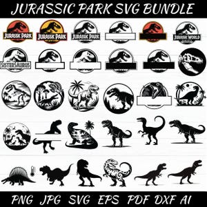 Peut inclure: Ensemble de motifs SVG sur le thème des dinosaures, comprenant des logos et des silhouettes. Les motifs présentent les textes "JURASSIC PARK" et "JURASSIC WORLD", ainsi que diverses illustrations de dinosaures. Formats de fichiers : PNG, JPG, SVG, EPS, PDF, DXF, et AI.