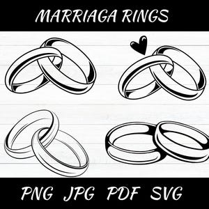 Könnte beinhalten: Vier Schwarzweiß-Illustrationen von Eheringen. Die Ringe sind in verschiedenen Positionen dargestellt, ein Paar überlappt sich und das andere Paar liegt nebeneinander.