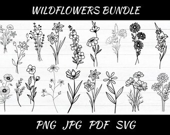 WILDFLOWERS SVG Super BUNDLE Leaves Hand Drawn Png for Shirt Cup Wildflowers Art Svg Cricut Silhouette Floral Svg Png Jpg Pdf