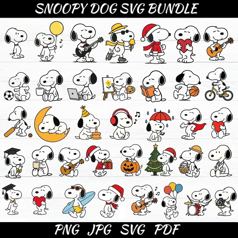 May include: A collection of Snoopy dog illustrations in various poses, including playing guitar, holding a balloon, and wearing a Santa hat. The image includes the text "SNOOPY DOG SVG BUNDLE" and file type options: PNG, JPG, SVG, and PDF.