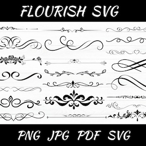 Può includere: Un set di 18 disegni SVG di flourishes in bianco e nero. I disegni includono volute, cuori, fiori e altri elementi decorativi. Il testo "FLOURISH SVG" è nella parte superiore dell'immagine. Il testo "PNG JPG PDF SVG" è nella parte inferiore dell'immagine.