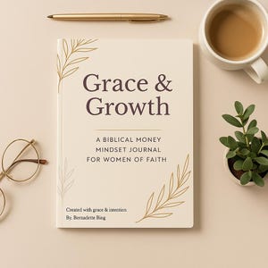 May include: A cream-colored journal titled "Grace & Growth" with gold leaf accents and text that reads "A Biblical Money Mindset Journal for Women of Faith." A gold pen, a cup of coffee, and a small potted plant are also visible.