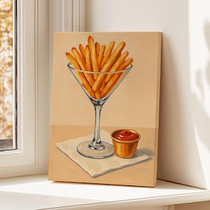 Sztuka ścienna z frytkami, zabawny nadruk z jedzeniem, wystrój kuchni, malarstwo retro fast food, plakat z frytkami i ketchupem, prezent dla miłośników jedzenia, posterio
