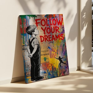 Follow Your Dreams Boy Canvas Print, Colorful Inspirational Wall Art for Kids Room, Dream Big Graffiti Poster,Colorful Street Art Wall Decor