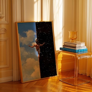 Arte de parede surreal de equilibrista entre o céu e as estrelas – pôster simbólico de equilíbrio para decoração espiritual – impressão em tela de sonho cósmico