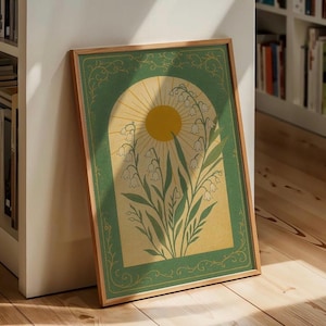 Vintage Style Lily of the Valley Wall Art Poster with Emerald Green Sun Illustration, Botanical Floral Nature Print for Home Decor, Posterio