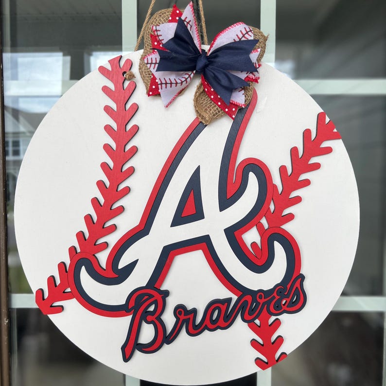 Handmade Atlanta Braves Door Hanger | Front Door Decor | Front Door Wreath | Round Sign | Housewarming Gift | Baseball | 3D Wood Lettering