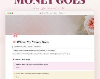 Könnte beinhalten: Ein digitaler Geld-Tracker mit dem Titel "Where My Money Goes" im Soft-Girl-Ästhetik-Design. Das Design weist ein rosa-weißes Farbschema, florale Akzente und den Text "Fully Automated" und "Beginner Friendly" auf.